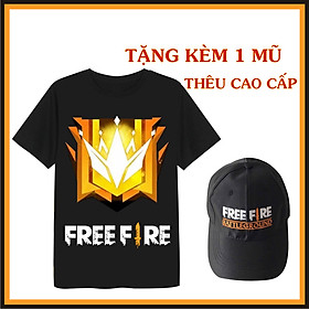 Combo Áo + Mũ Áo thun cộc tay màu đen in hình Rank thách đấu game Free Fire tặng nón lưới chai thêu cao cấp