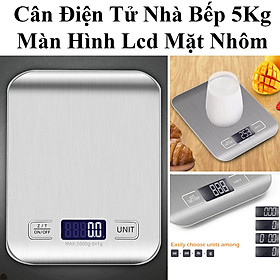 Cân Điện Tử Nhà Bếp 5Kg Màn Hình Lcd Mặt Nhôm Cao Cấp Tặng Kèm Pin