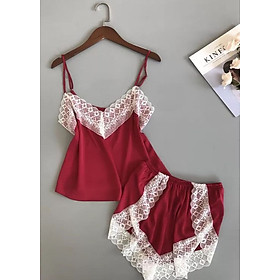 Bộ ngủ lụa 2 dây viền ren ngực - BN020