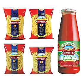 Combo Gia Đình 5 Sản Phẩm Pasta 500 Gram Nui Ống To + Nui Ống Xéo + Nui Xoắn + Nui Chữ C + Cà Chua Xay Pomodoro 680 Gram Divella Italia