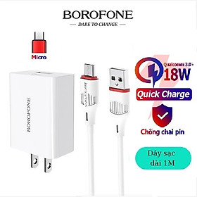 Bộ sạc nhanh 18W 3A Quick chagre 3.0 BOROFONE BA21 cho android chân Type C và Micro Usb, hỗ trợ sạc nhanh 50% pin trong 30p có chip điều chỉnh dòng điện - Hàng Chính Hãng