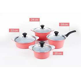 Hình ảnh Bộ 4 nồi bằng đá Ceramic: nồi 1 tay cầm 18cm, Nồi 2 tay cầm 20-22-24cm tặng 1 cặp nhấc nồi sillicon (Nồi)