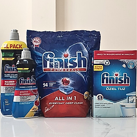 COMBO FINISH: Viên rửa bát Finish All in one 100 viên + Muối Finish 1.2kg + Nước làm bóng Finish 1150ml