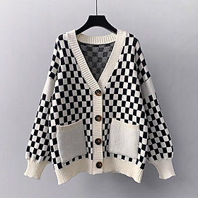 Áo khoác len cardigan dệt kim kẻ sọc phối màu đen trắng Hadu shop