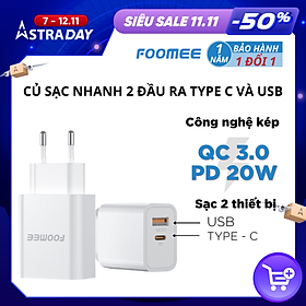 Mua Củ sạc Nhanh FOOMEE CQ30 - Giao Thức Kép QC+PD20W  Dùng Cho Nhiều Thiết Bị Chất Liệu ABS Cao Cấp - Màu Trắng - Hàng Chính Hãng