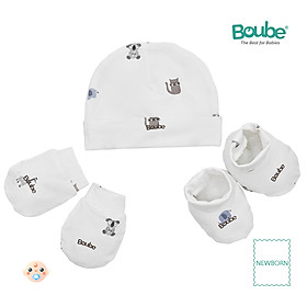 Set phụ kiện mũ, bao chân, bao tay họa tiết dễ thương cho bé sơ sinh Boube, vải Cotton organic thoáng mát - size Newborn