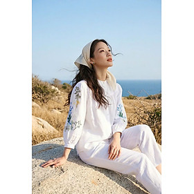 Áo Sơ Mi Cổ Trụ Linen Trắng Thêu Tay Hoạ Tiết Độc Quyền Mơ TOP206 Thời trang Hity