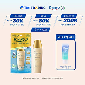 Kem chống nắng Skin Aqua trang điểm tạo nền trắng mịn & đều màu dạng sữa Sunplay Skin Clear White CC Milk SPF 50, PA++++ 25g