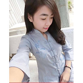 Áo Lam Đi Chùa - Bộ Cổ Tàu Thêu Sen Màu Lam