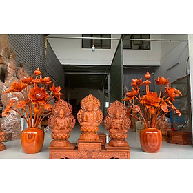Mua Combo bộ tượng phật tam thánh và kệ chân đế bằng gỗ hương đá + với 2 bình hoa sen 17 cành  hoa  lá gương