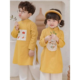 Sét áo dài bé trai bé gái cao cấp họa tiết thêu nổi bật chất vải mềm đẹp . áo dài tết cho bé
