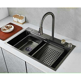 Mua  HOT   NEW  Chậu rửa chén một hố lớn inox 304 phủ Nano Đen Cao Cấp 75 x46 GỒM VÒI THÁC NƯỚC