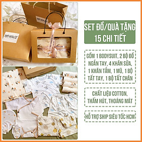 Set Quà Tặng Đồ Sơ Sinh Đầy Tháng 15 Chi Tiết Cho Bé Trai Và Bé Gái ( Gồm 3 Bộ Đồ, 1 Khăn Tắm Lớn, 4 Khăn Sữa, 1 Mũ, 1 Tất Tay, 1 Tất Chân)