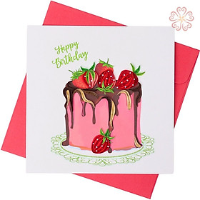 Thiệp Giấy Xoắn Mừng Sinh Nhật Bánh Kem Dâu Size 15x15cm