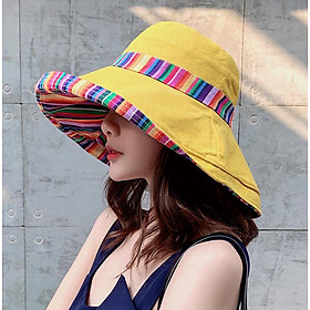 Nón Mũ nữ rộng vành gấp gọn đội 2 mặt chống nắng phối mầu thổ cẩm thời trang Hàn Quốc MRV01