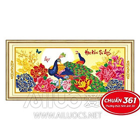 Tranh thêu chữ thập Hoa khai phú quý - Khổng tước mẫu đơn chưa thêu