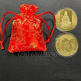 Mua Đồng Xu Quan Âm Bồ Tát Phong Thuỷ May Mắn Tặng Kèm Túi Gấm