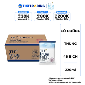 Thùng 48 bịch sữa tươi tiệt trùng TH True Milk có đường 220 ml