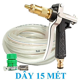 ️Evoucher Bộ dây vòi xịt nước rửa xe, tưới cây , tăng áp 3 lần, loại 15m 206318 đầu đồng,đai,nối vàng+ mở chai