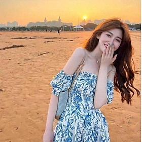 Set áo đôi sơ mi đầm trễ vai họa tiết hoa lá đi biển dành cho couple phong cách Hàn Quốc