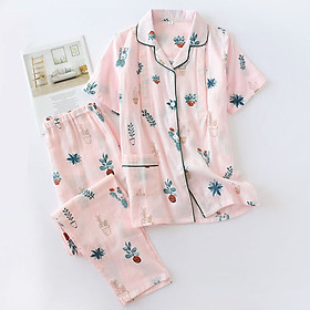 Bộ đồ bầu, sau sinh cho con bú, Pijama thô đũi cực mát (xương rồng trắng/hồng)