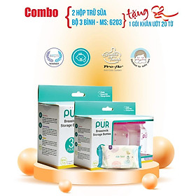 Combo 2 hộp trữ sữa bộ 3 bình MS: 6203, tặng 1 gói khăn ướt lớn Pur 80 tờ