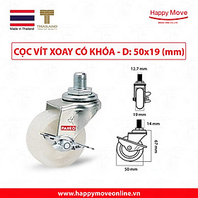 Bánh xe đẩy nylon tải nhẹ cọc vít xoay khóa - 50-65-75mm - Happy Move Thái Lan