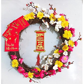 1 vòng hoa tết đào mai trang trí tết may mắn cả năm - Wreath for Tết pktet71