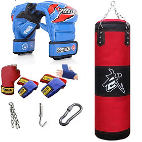 Sét vỏ bao cát đấm bốc boxing 3 lớp + găng mma hở ngón cao cấp + băng đa 5 m siêu bền - Tặng kèm dây xích + móc treo + vít nở sắt