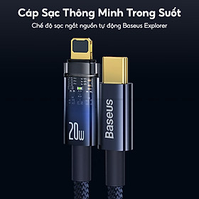 Mua Cáp Tự Ngắt BASEUS Explorer Series Typc-C to iP Sạc Nhanh 20W  Đầu Cáp Trong Suốt Đèn LED báo Sạc Dây Bện Nylon - Hàng Chính Hãng