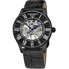 Father's Day Gift - Akribos Automatic Skeleton Mechanical Men's Watch - 4 Genuine Diamonds Hour Markers On Crocodile Pattern Leather Strap See Through Dial - AK499