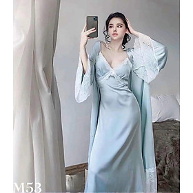 [Hantu Sleepwear]-Set áo choàng + váy ngủ lụa dáng dài qua gối mặc nhà sang trọng ,sexy-Màu xanh xám kèm đai áo choàng