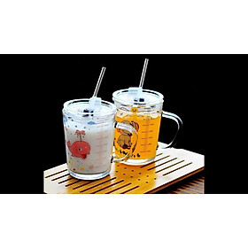 Mua Ly Thuỷ Tinh có vạch chia ml  nắp đậy và ống hút