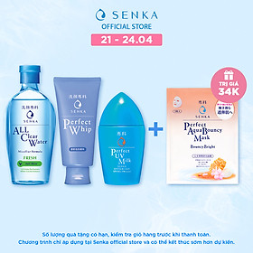 Combo Senka Làm Sạch Chống Nắng (Sữa Rửa Mặt Tạo Bọt Chiết Xuất Tơ Tằm Trắng Senka Perfect Whip 120g + Nước tẩy trang sạch thoáng Senka A.L.L.Clear Water Fresh 230ml + Sữa Chống Nắng Senka Perfect UV Milk 40ml)