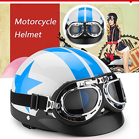Vintage Motorcycle Protector Helmet Star Pattern Blue and White W/ Visor Goggles