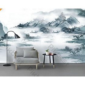 Tranh dán tường Phong thủy sơn thủy mây núi hữu tình, Tranh 3d dán tường hiện đại (tích hợp sẵn keo) MS862089
