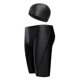 Men Middle Length Swimming Trunks + Professional Swimming Cap Large Size Bathing Suit