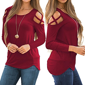 Women Strappy Cold Shoulder Tops Long Sleeves T Shirt Blouse Loose Fit Tunic - S