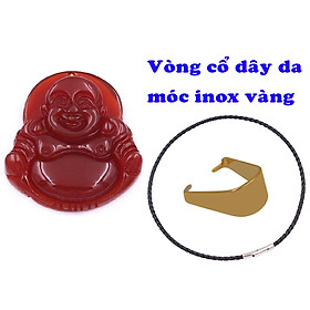 Mặt Phật Di lặc mã não đỏ 2.9 cm kèm vòng cổ dây da đen + móc inox vàng, mặt dây chuyền Phật cười