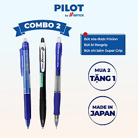 Combo Pilot 02 : Bút xóa được mực xanh, Bút bi Rexgrip mực đen, Bút chì bấm Super Grip