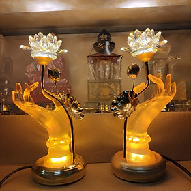 Cặp Đèn thờ tay phật cầm hoa sen Đèn thủ ấn liên hoa lưu ly pha lê cao cấp