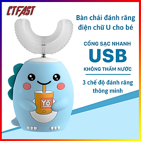 Bàn chải vệ sinh răng miệng tự động cho bé CTFAST K10, bàn chải điện chữ U làm sạch 3 chế độ, an toàn chống nước - Màu xanh dương - Không cốc