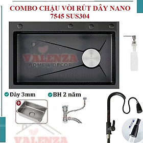 Chậu rửa bát 1 hố lớn inox 304 nano đen Valenza kháng khuẩn cao cấp kèm vòi rửa bát rút dây inox 304 nóng lạnh nano đen Valenza, bộ xả to ngăn mùi, khay inox kín-TẶNG BÌNH ĐỰNG NƯỚC RỬA CHÉN