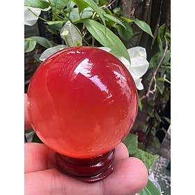 Trái Bi Phong Thủy đá mắt mèo đỏ cam nhỏ nhỏ xinh cao 58mm x đk 52cm đế gỗ Anh Chị để bàn làm việc dễ thương may mắn tài lộc hợp mệnh hỏa, mệnh thổ ạ