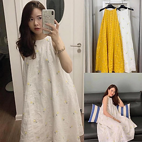Đầm maxi form rộng, Đầm yếm dáng suông dài qua gối Cao Cấp vàng trắng thêu hoa nhí sát nách MiNhi