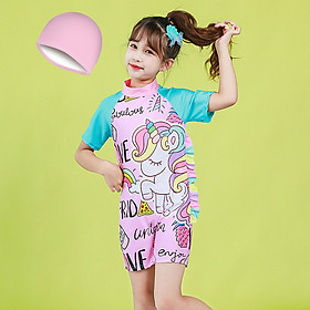 Đồ bơi bé gái, liền thân tay ngắn chất vải co giãn bao gồm nón bơi họa tiết kỳ lân phù hợp cho bé từ 14kg đến 30kg