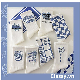Tất cổ cao Classy, vớ cổ cao họa tiết ngẫu nhiên màu trắng xanh G1358
