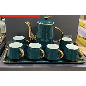 Bộ ấm chén kèm khay sứ pha trà cà phê dáng éo màu xanh cổ vịt sang trọng phong cách Châu Âu - ANTH44