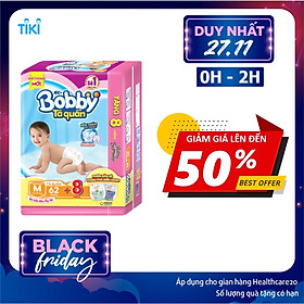 Tã Quần Bobby Gói Siêu Lớn M62 (62 Miếng) + 8 Miếng Cùng Size