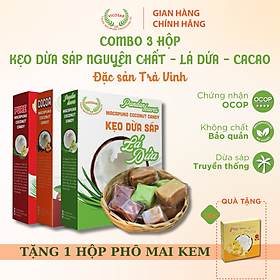 Combo 3 Kẹo dừa sáp VICOSAP vị cacao lá dứa kẹo mềm dẻo ít đường đặc sản Trà Vinh hộp 100g